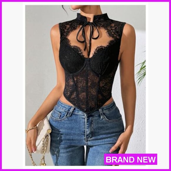Floral Lace Corset Top Cut Out Crop Bustier Sexy Y2K Party Night Club - Picture 5 of 5